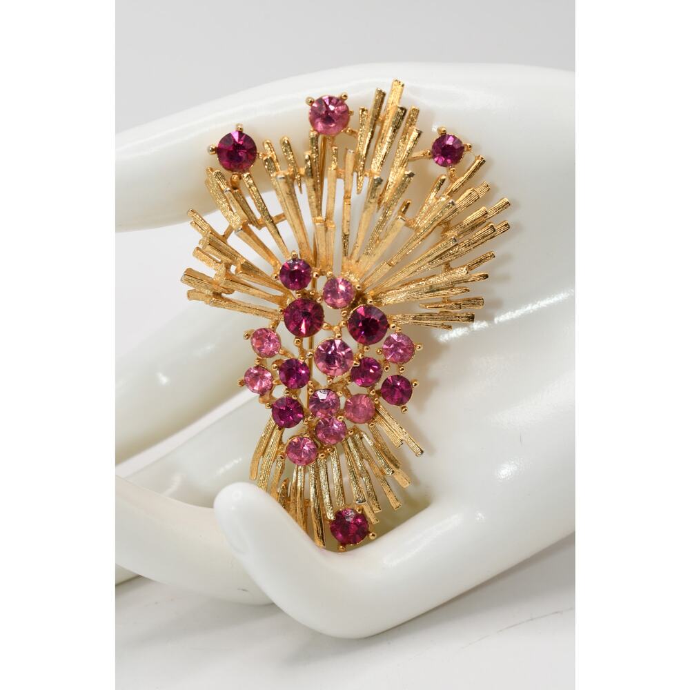 Vintage Lisner Pink Rhinestone Gold Tone Spray Brooch 2.75 Inch Signed